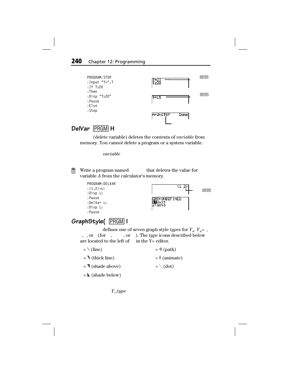 Delvar, Graphstyle, Delvar delvar 8 | Graphstyle( graphstyle( 8 | Texas Instruments TI-73 EXPLORER User Manual | Page 246 / 364