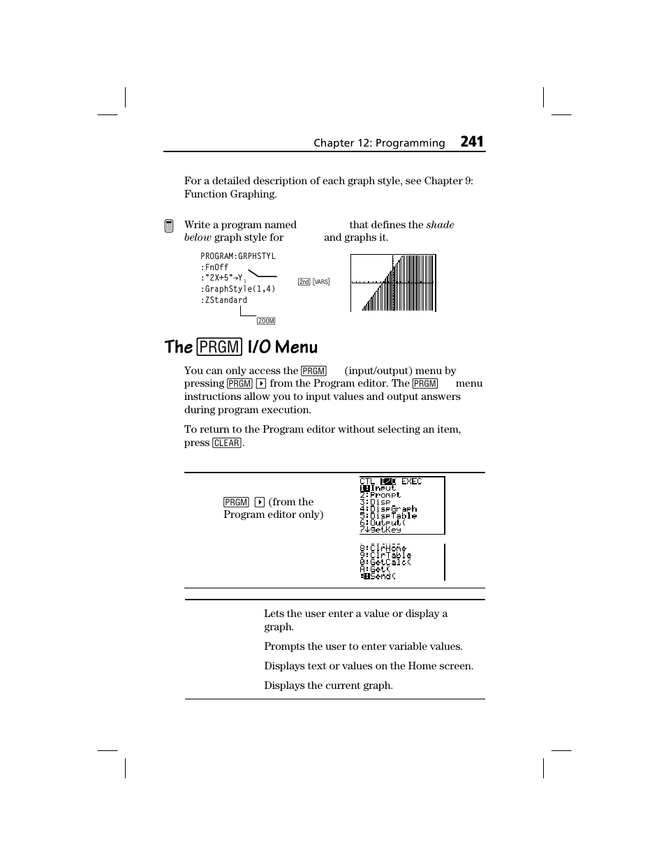 The [prgm] i/o menu, The 8, I/o menu | Texas Instruments TI-73 EXPLORER User Manual | Page 247 / 364