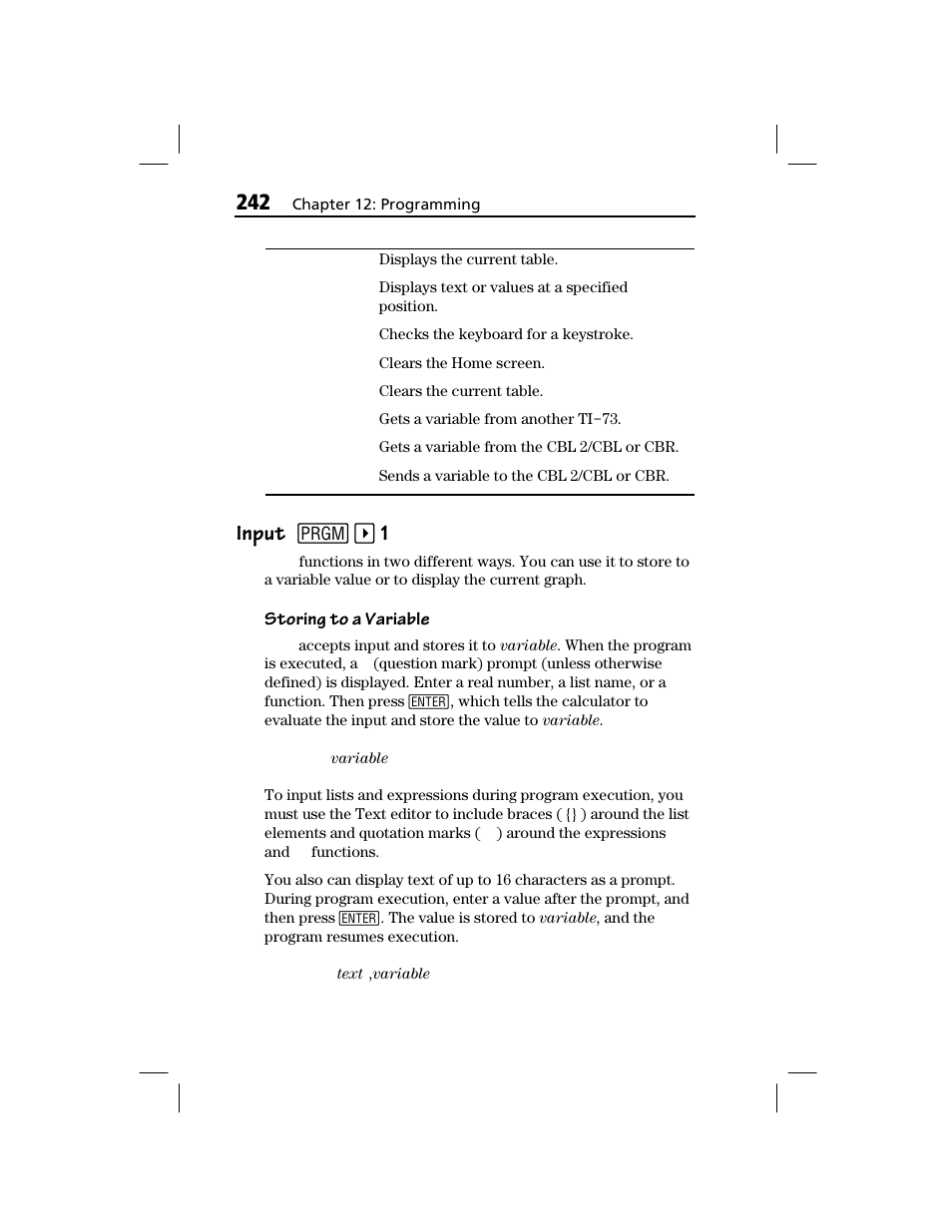 Input, Input 8 " 1, Storing to a variable | Texas Instruments TI-73 EXPLORER User Manual | Page 248 / 364