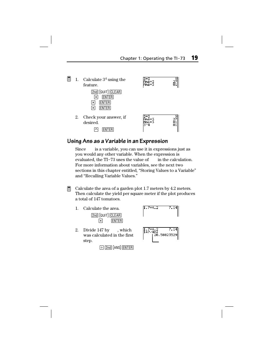 Using ans as a variable in an expression | Texas Instruments TI-73 EXPLORER User Manual | Page 25 / 364