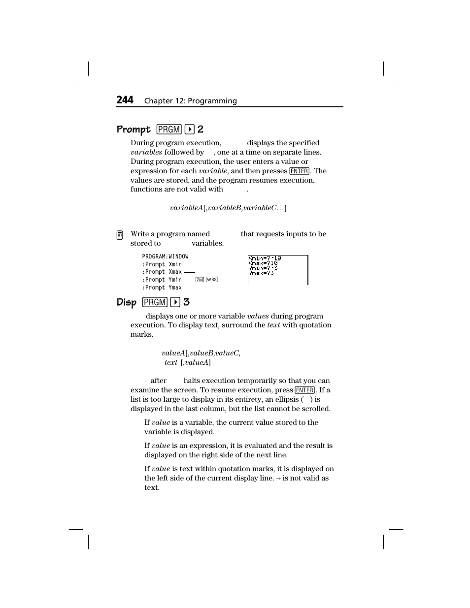 Prompt, Disp, Prompt prompt 8 | Disp disp 8 | Texas Instruments TI-73 EXPLORER User Manual | Page 250 / 364