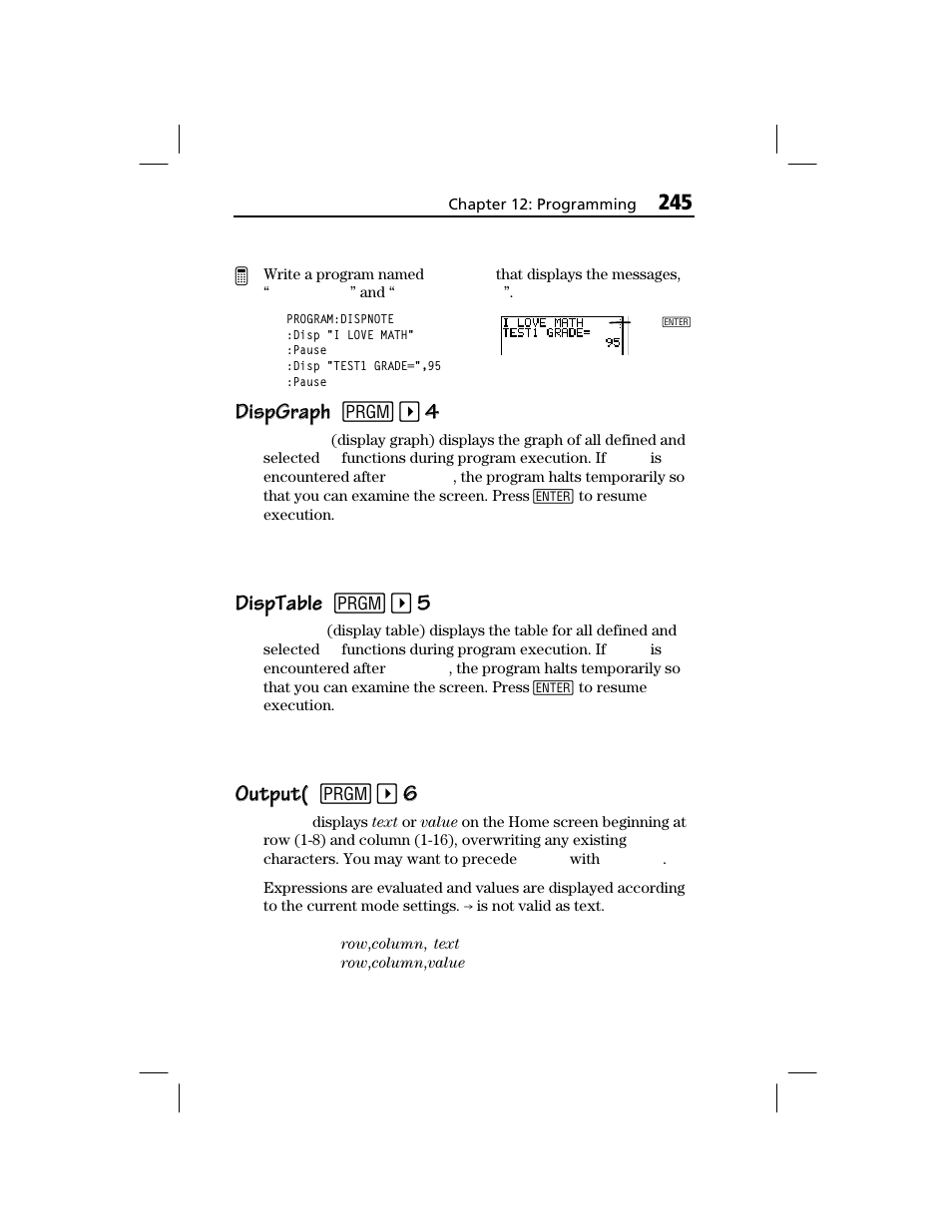 Dispgraph, Disptable, Output | Dispgraph dispgraph 8, Disptable disptable 8, Output( output( 8 | Texas Instruments TI-73 EXPLORER User Manual | Page 251 / 364