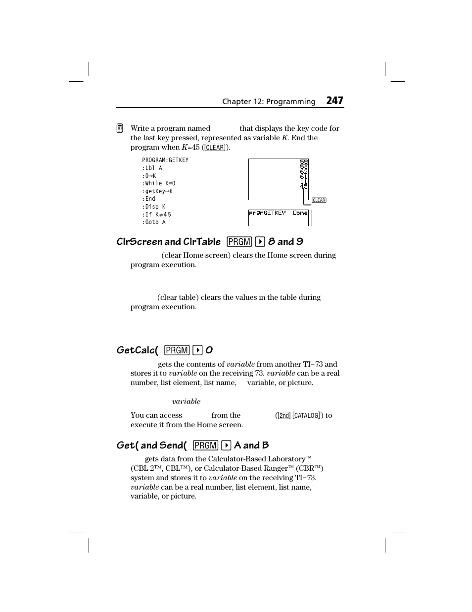 Clrscreen and clrtable, Getcalc, Get( and send | Clrscreen and clrtable 8 " 8 and 9, Getcalc( 8 " 0, Get( and send( 8 " a and b | Texas Instruments TI-73 EXPLORER User Manual | Page 253 / 364