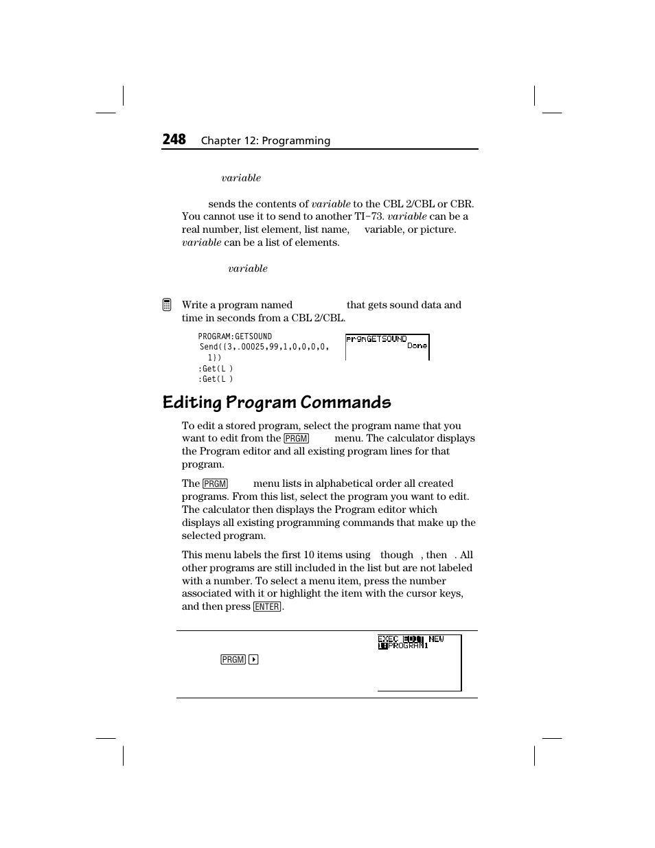 Editing program commands | Texas Instruments TI-73 EXPLORER User Manual | Page 254 / 364