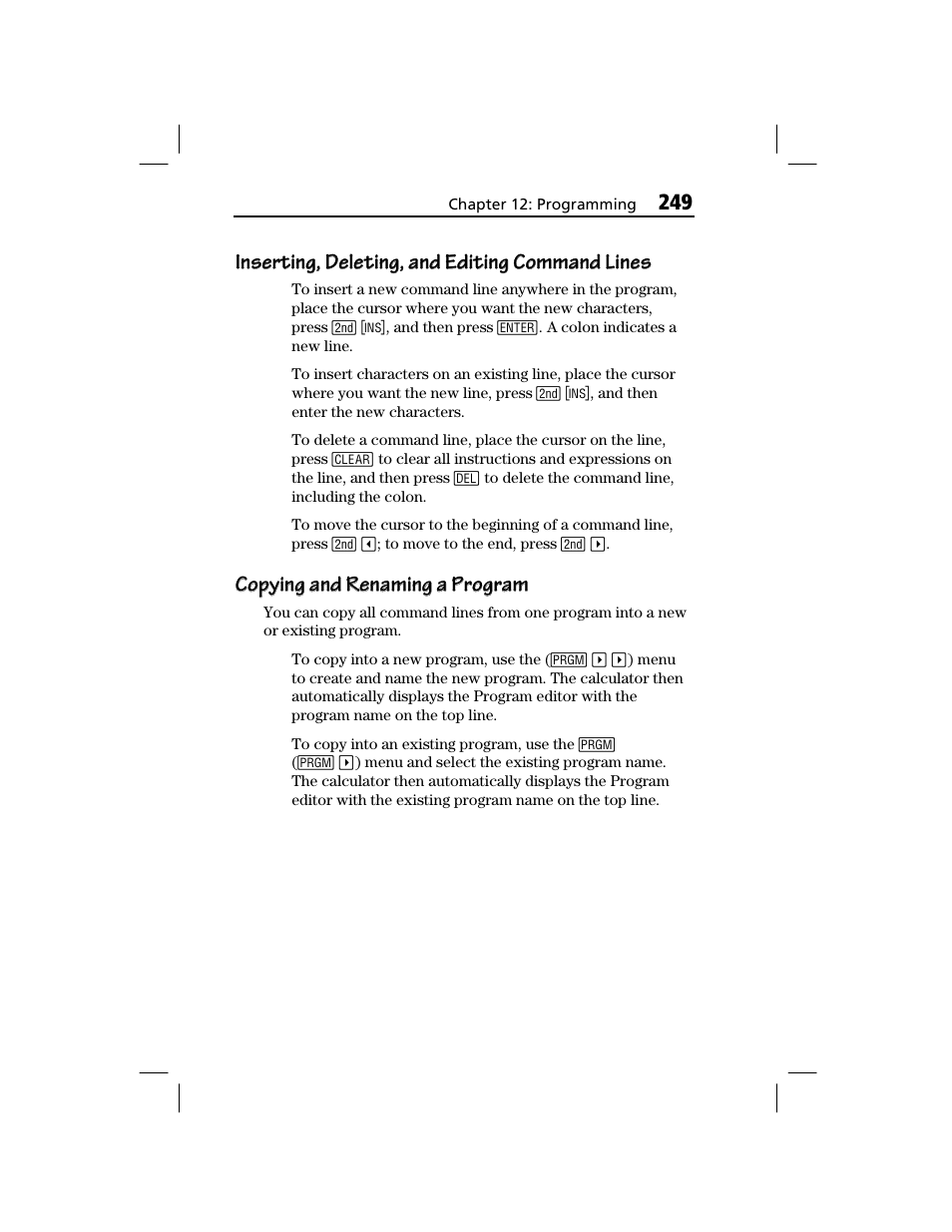 Inserting, deleting, and editing command lines, Copying and renaming a program | Texas Instruments TI-73 EXPLORER User Manual | Page 255 / 364