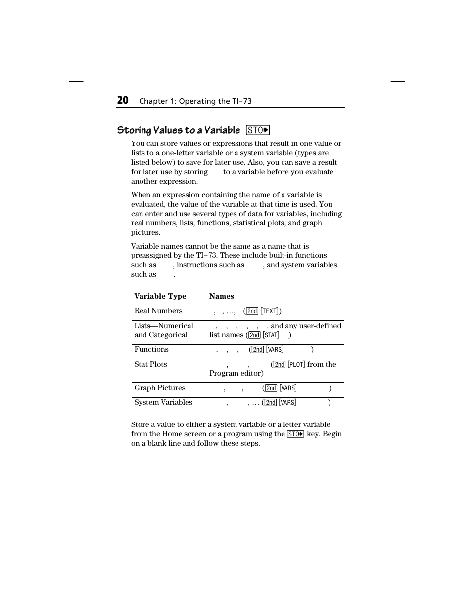 Storing values to a variable | Texas Instruments TI-73 EXPLORER User Manual | Page 26 / 364