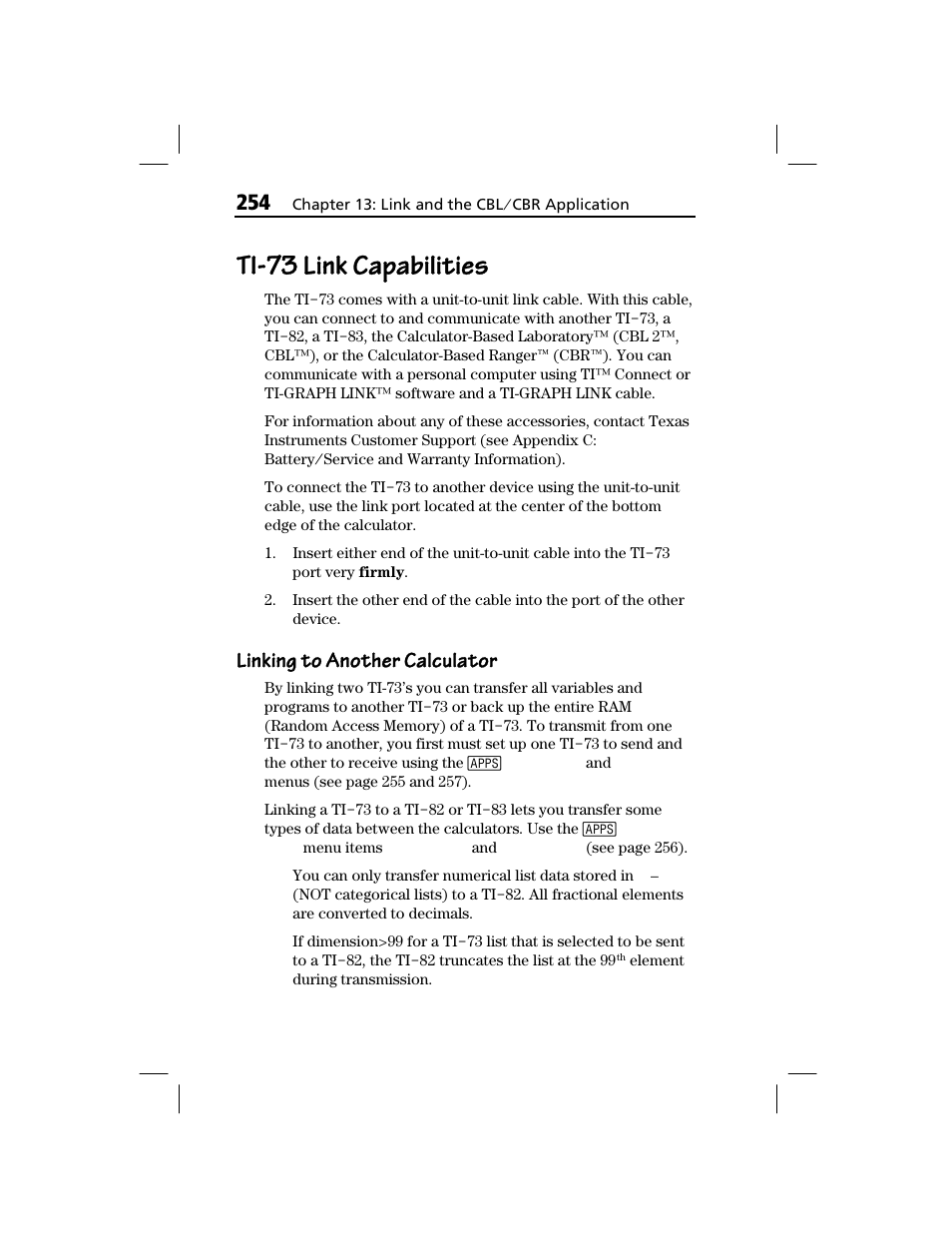Ti-73 link capabilities, Linking to another calculator, Ti-73 | Link capabilities | Texas Instruments TI-73 EXPLORER User Manual | Page 260 / 364