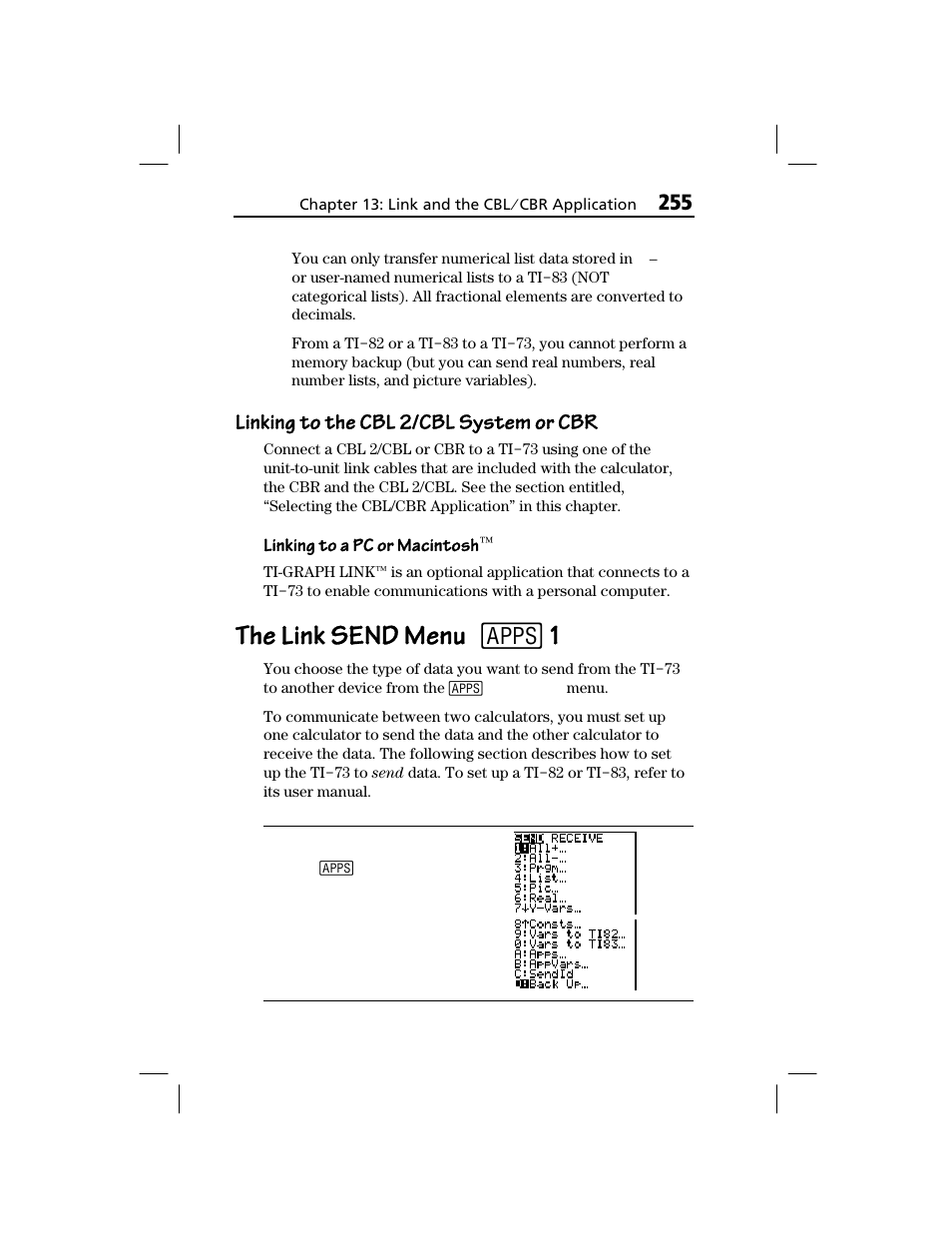 Linking to the cbl 2/cbl system or cbr, The link send menu, The link send menu 9 | Texas Instruments TI-73 EXPLORER User Manual | Page 261 / 364