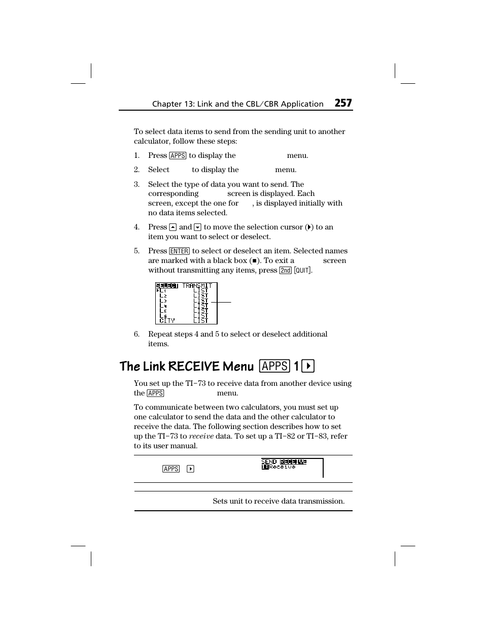 The link receive menu, The link receive menu 9 | Texas Instruments TI-73 EXPLORER User Manual | Page 263 / 364