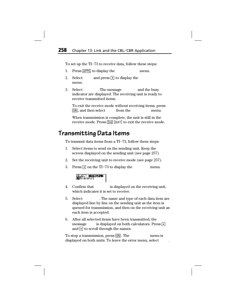 Transmitting data items | Texas Instruments TI-73 EXPLORER User Manual | Page 264 / 364