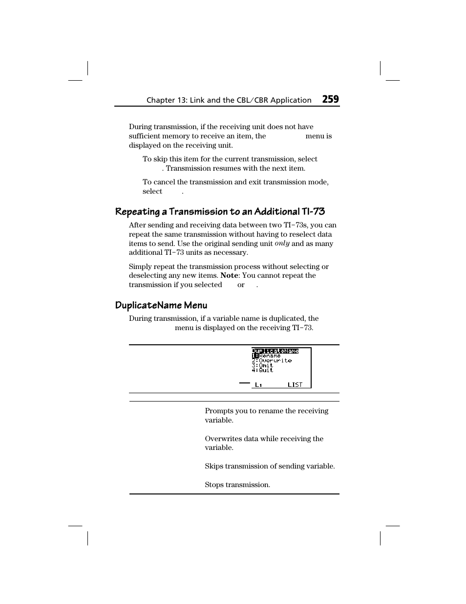 Repeating a transmission to an additional ti-73, Duplicatename menu, Repeating a transmission to an additional | Ti-73 | Texas Instruments TI-73 EXPLORER User Manual | Page 265 / 364