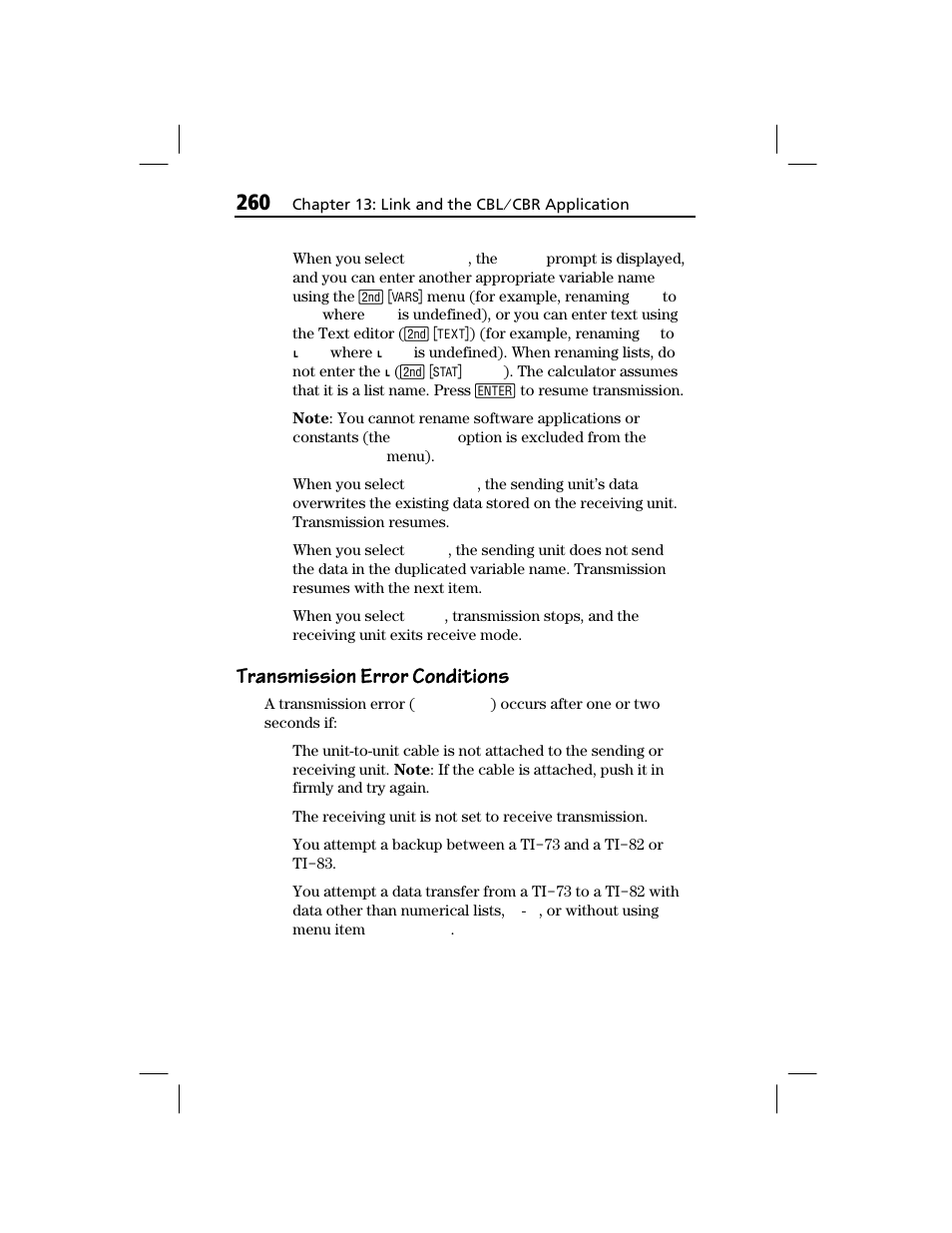 Transmission error conditions | Texas Instruments TI-73 EXPLORER User Manual | Page 266 / 364