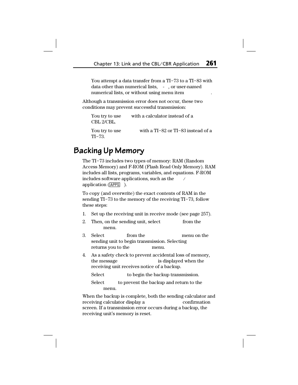 Backing up memory | Texas Instruments TI-73 EXPLORER User Manual | Page 267 / 364