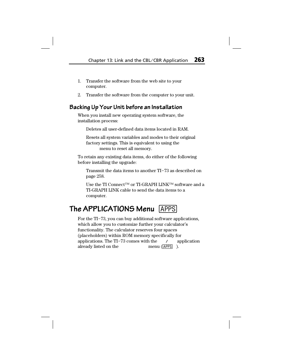 Backing up your unit before an installation, The applications menu, The applications menu 9 | Texas Instruments TI-73 EXPLORER User Manual | Page 269 / 364