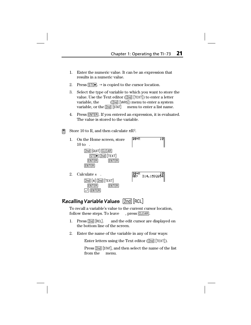 Recalling variable values | Texas Instruments TI-73 EXPLORER User Manual | Page 27 / 364