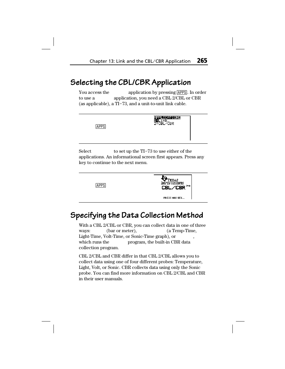 Selecting the cbl/cbr application, Specifying the data collection method | Texas Instruments TI-73 EXPLORER User Manual | Page 271 / 364
