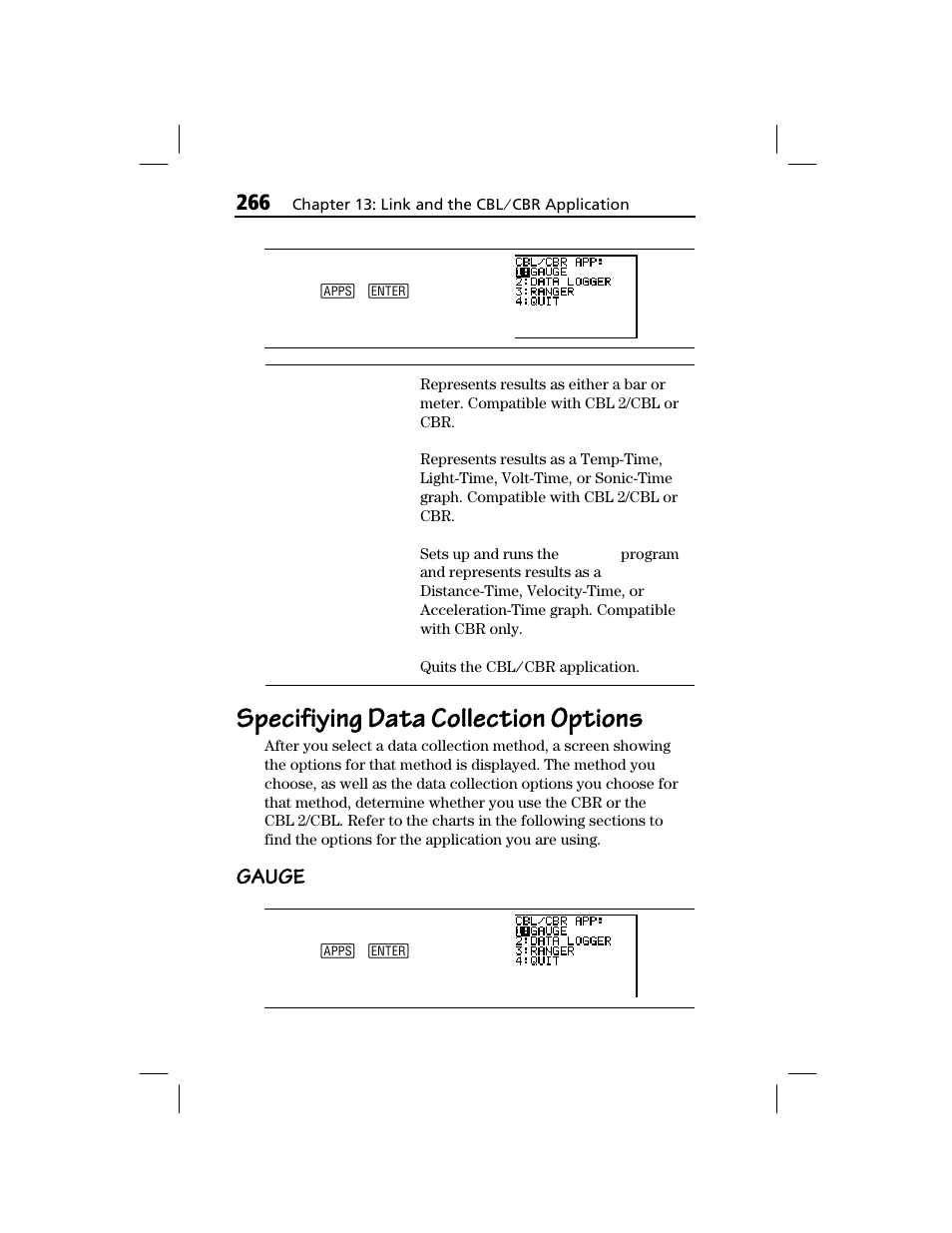 Specifiying data collection options, Gauge | Texas Instruments TI-73 EXPLORER User Manual | Page 272 / 364