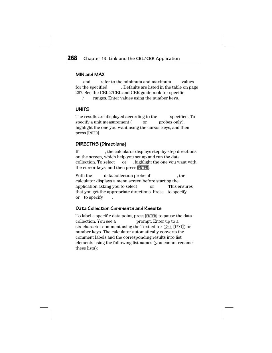 Min and max, Units, Directns (directions) | Data collection comments and results | Texas Instruments TI-73 EXPLORER User Manual | Page 274 / 364