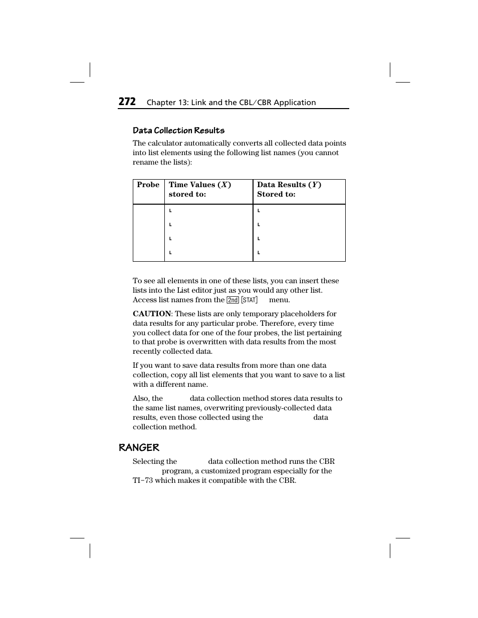 Ranger, Data collection results | Texas Instruments TI-73 EXPLORER User Manual | Page 278 / 364