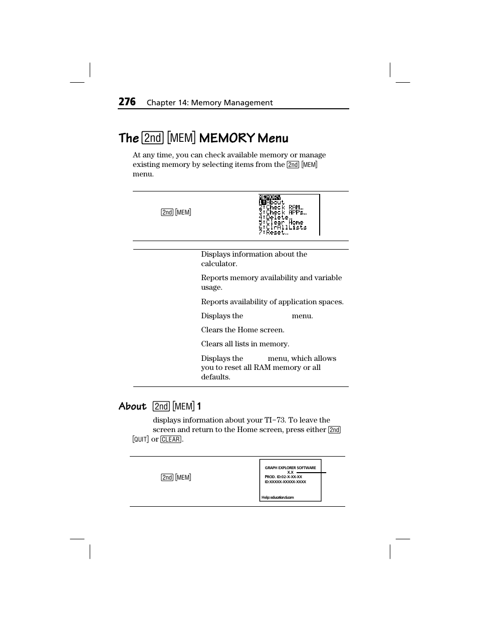 The [2nd] [mem] memory menu, About, About about | Texas Instruments TI-73 EXPLORER User Manual | Page 282 / 364