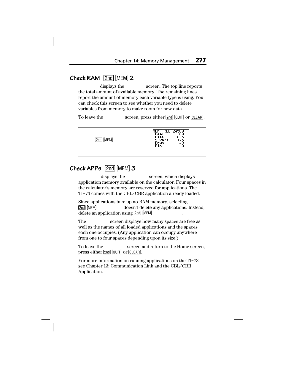 Check ram, Check apps, Check ram check ram | Check apps check apps | Texas Instruments TI-73 EXPLORER User Manual | Page 283 / 364