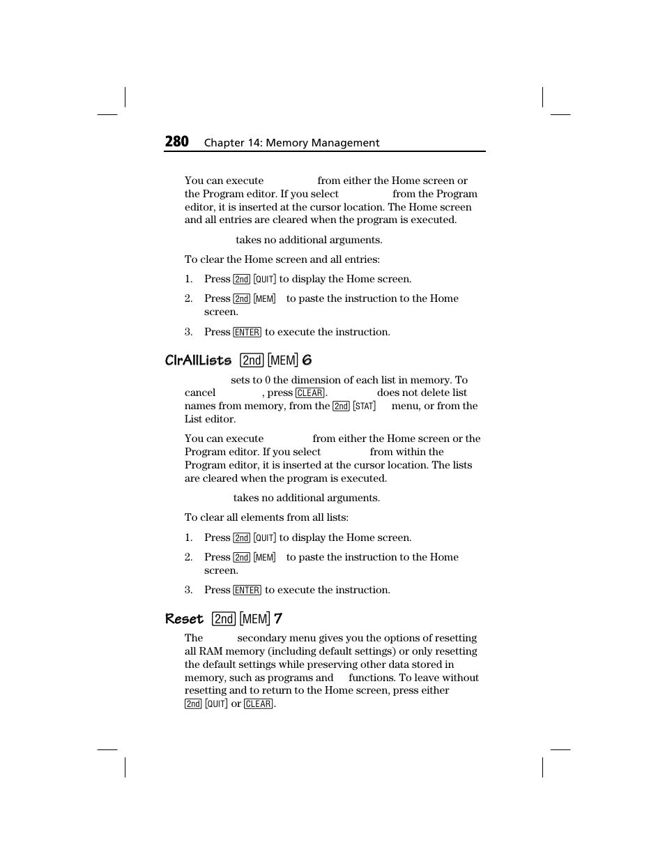 Clralllists, Reset, Clralllists clralllists | Reset reset | Texas Instruments TI-73 EXPLORER User Manual | Page 286 / 364