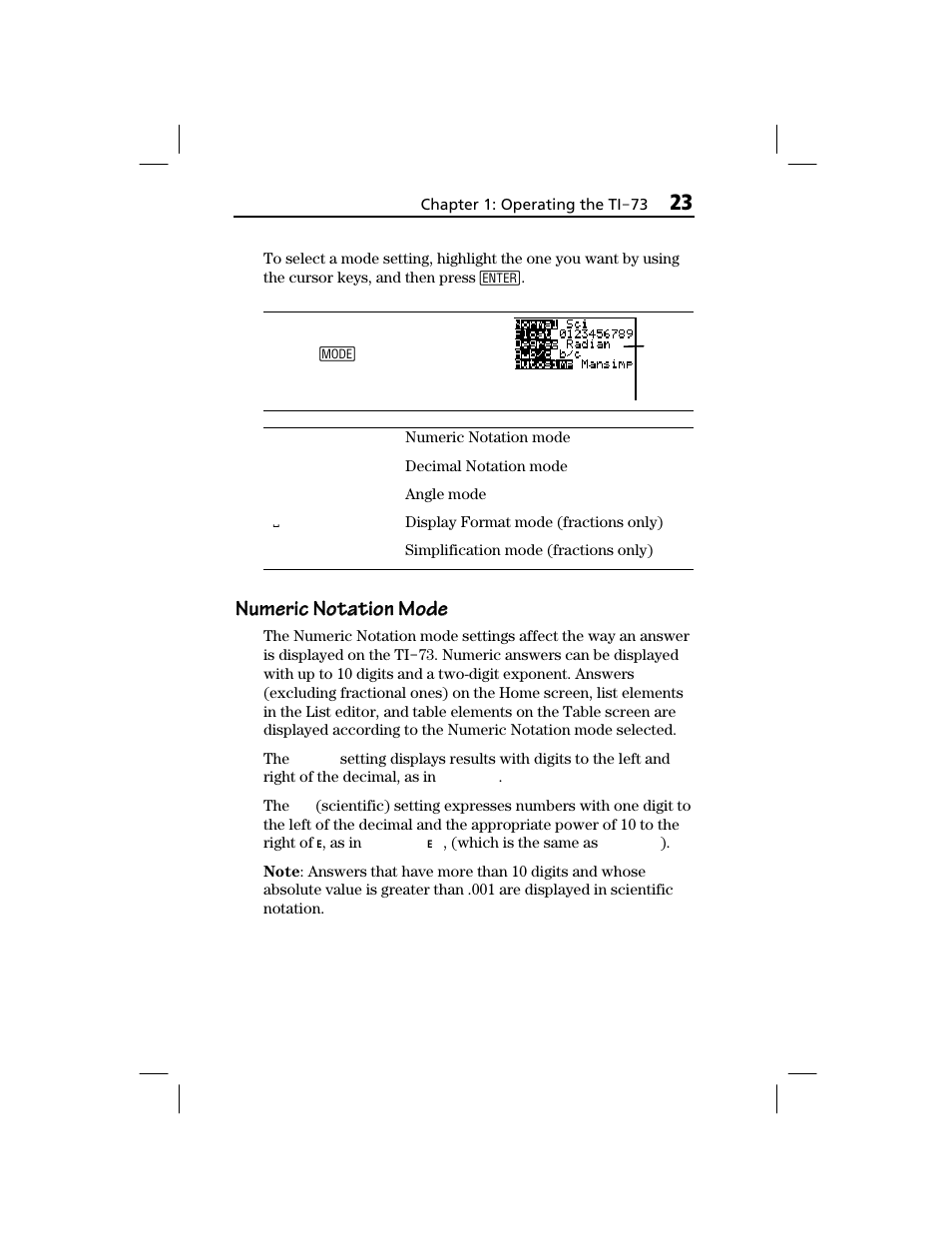 Numeric notation mode | Texas Instruments TI-73 EXPLORER User Manual | Page 29 / 364