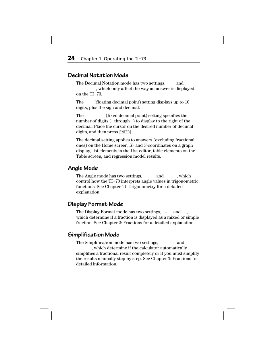 Decimal notation mode, Angle mode, Display format mode | Simplification mode | Texas Instruments TI-73 EXPLORER User Manual | Page 30 / 364