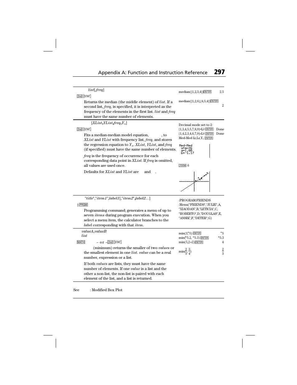 Appendix a: function and instruction reference | Texas Instruments TI-73 EXPLORER User Manual | Page 303 / 364