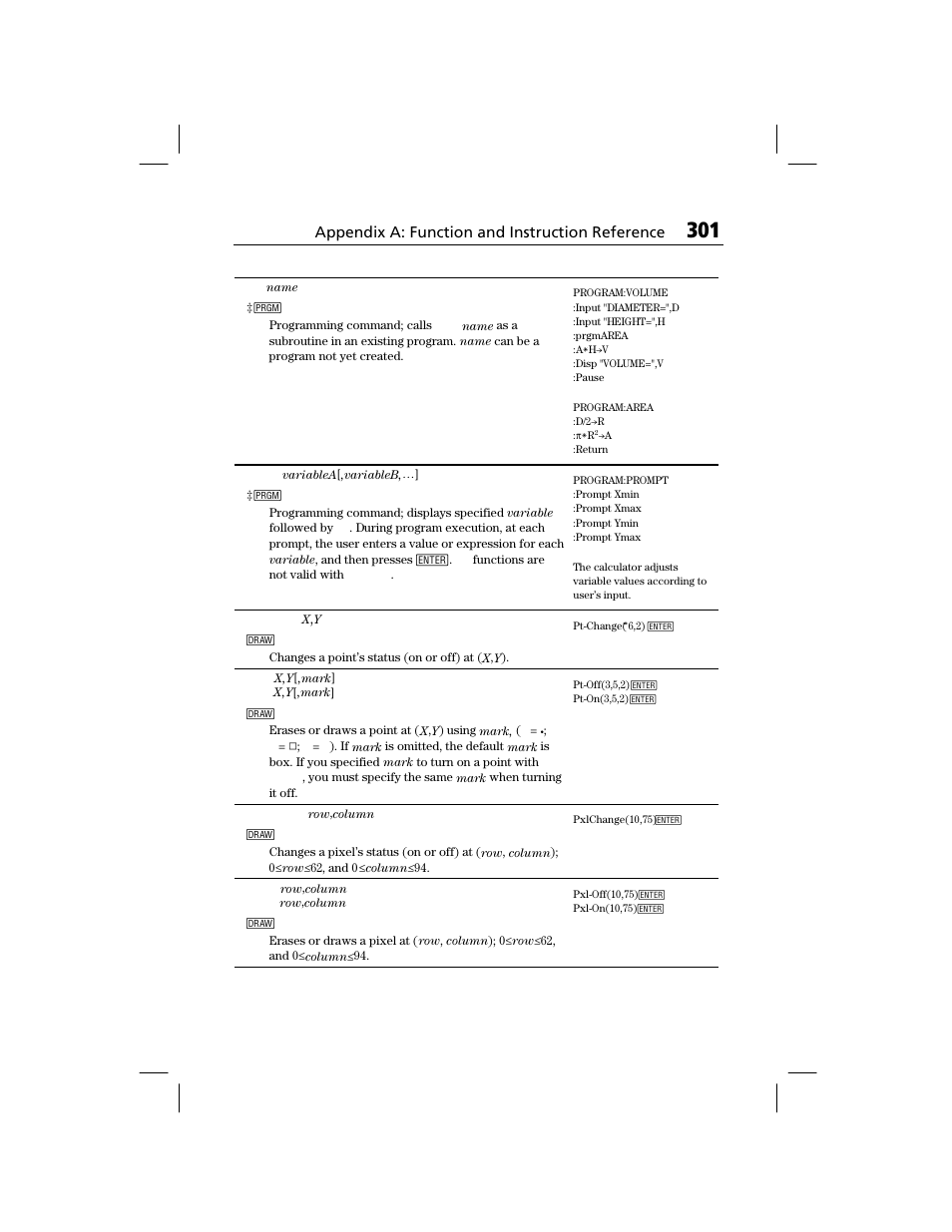 Appendix a: function and instruction reference | Texas Instruments TI-73 EXPLORER User Manual | Page 307 / 364