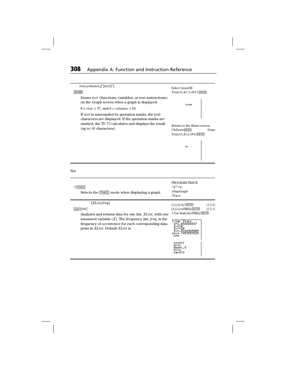 Appendix a: function and instruction reference | Texas Instruments TI-73 EXPLORER User Manual | Page 314 / 364