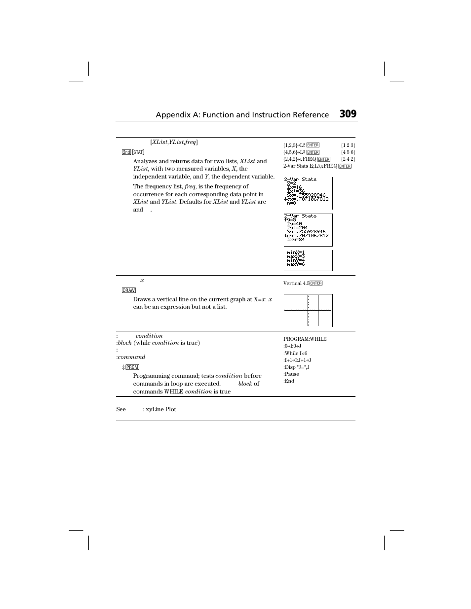 W, x, Appendix a: function and instruction reference | Texas Instruments TI-73 EXPLORER User Manual | Page 315 / 364