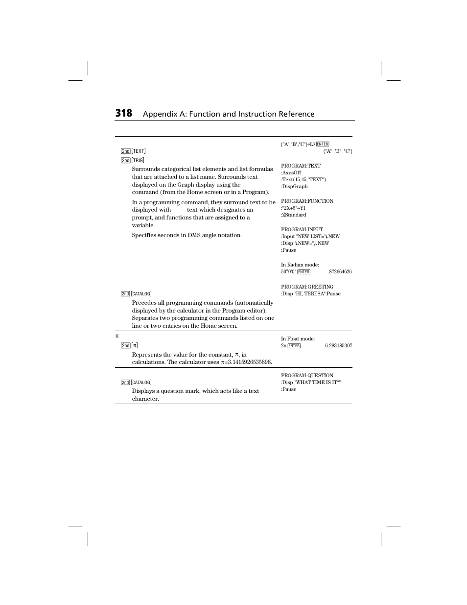 Appendix a: function and instruction reference | Texas Instruments TI-73 EXPLORER User Manual | Page 324 / 364