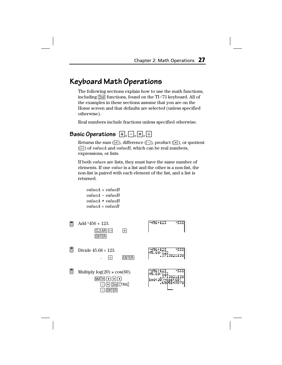 Keyboard math operations, Basic operations, Basic operations basic operations | Texas Instruments TI-73 EXPLORER User Manual | Page 33 / 364