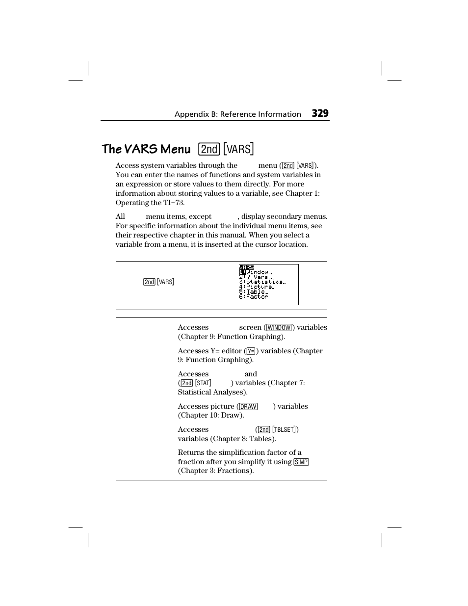 The vars menu | Texas Instruments TI-73 EXPLORER User Manual | Page 335 / 364