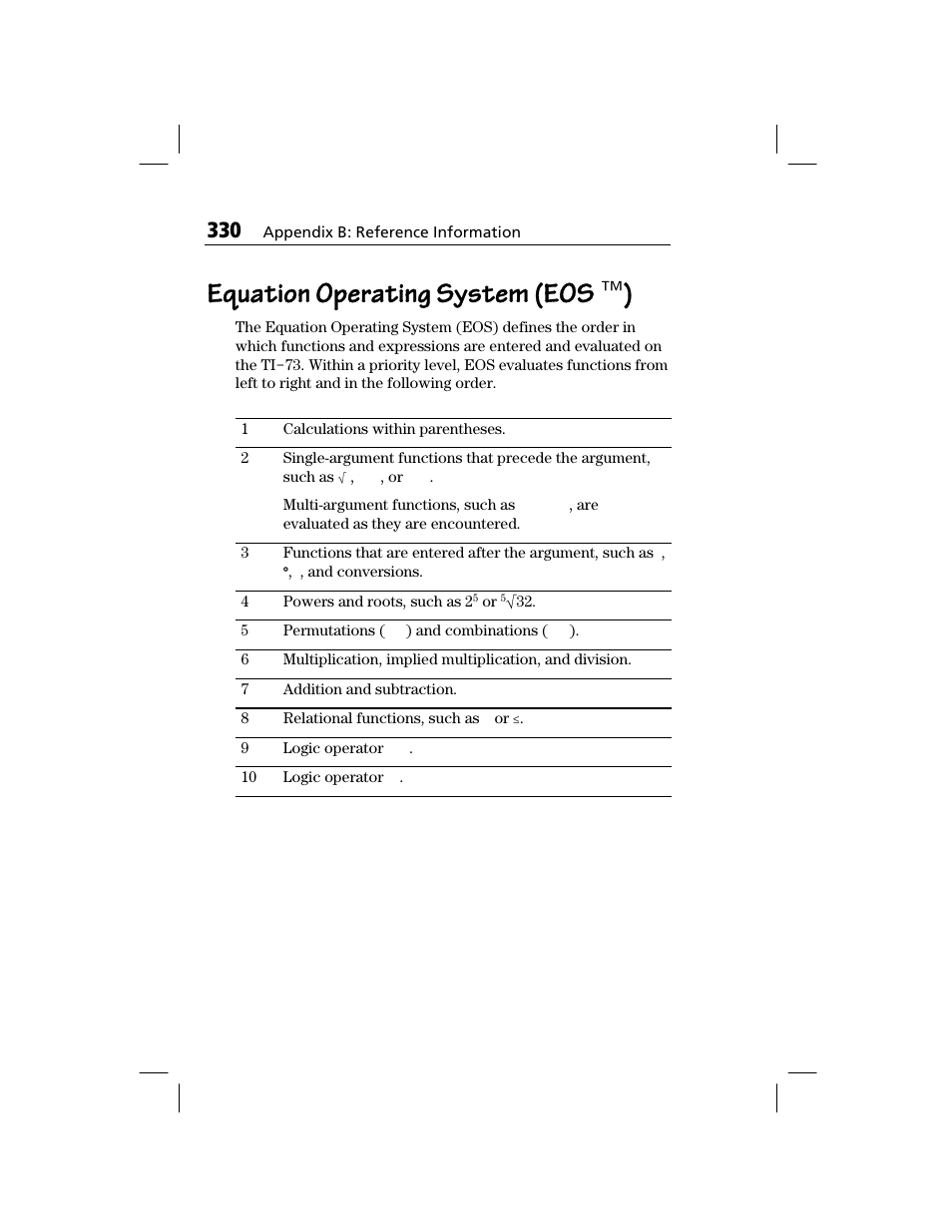 Equation operating system (eos™), Equation operating system (eos | Texas Instruments TI-73 EXPLORER User Manual | Page 336 / 364