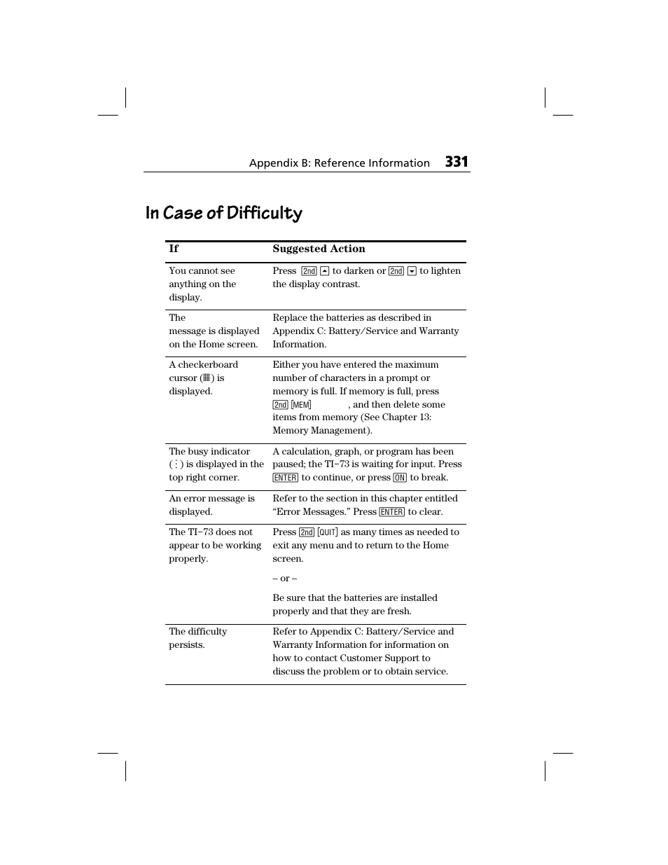 In case of difficulty | Texas Instruments TI-73 EXPLORER User Manual | Page 337 / 364