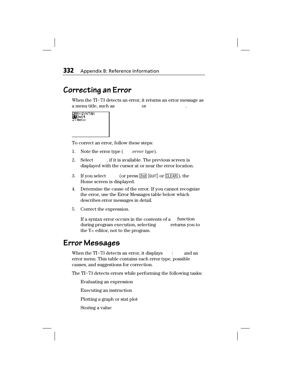 Correcting an error, Error messages | Texas Instruments TI-73 EXPLORER User Manual | Page 338 / 364