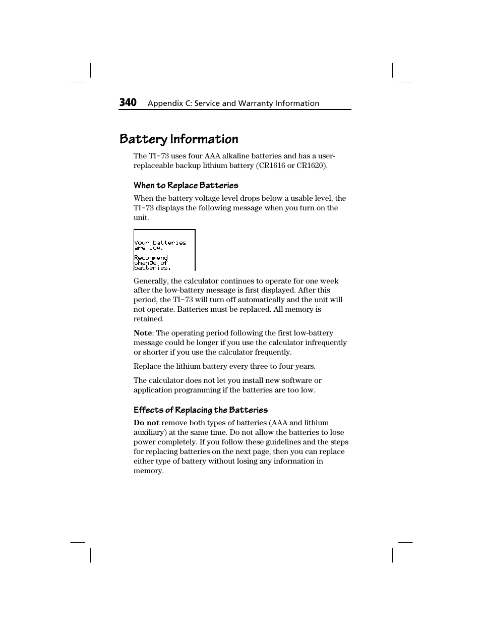 Battery information, When to replace batteries, Effects of replacing the batteries | Texas Instruments TI-73 EXPLORER User Manual | Page 346 / 364