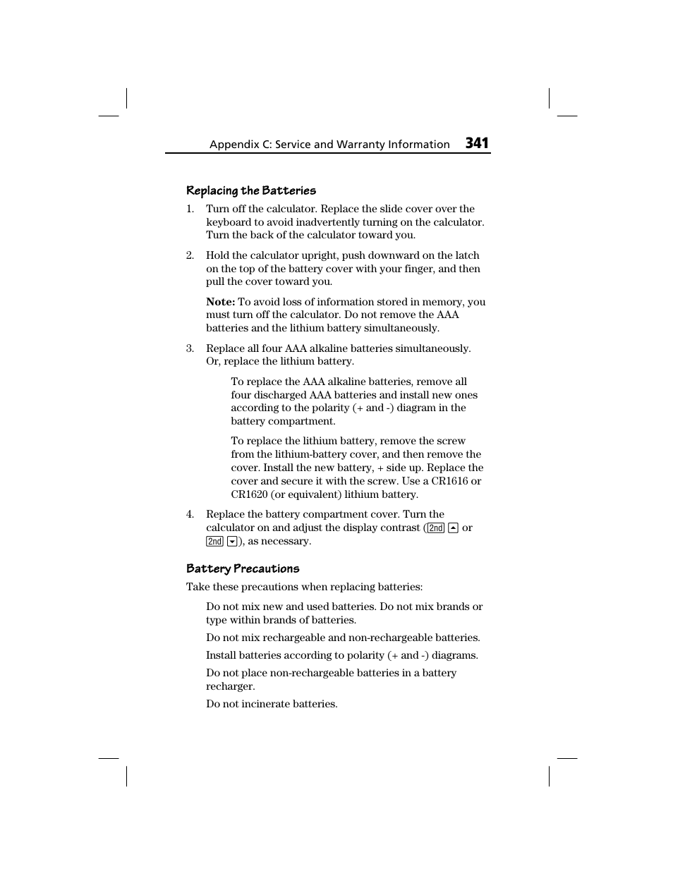 Replacing the batteries, Battery precautions | Texas Instruments TI-73 EXPLORER User Manual | Page 347 / 364