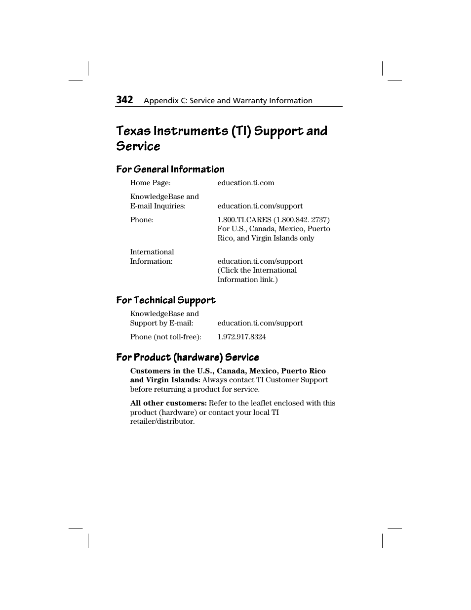 Suport & service information, Product support, Product service | Other ti products and services | Texas Instruments TI-73 EXPLORER User Manual | Page 348 / 364