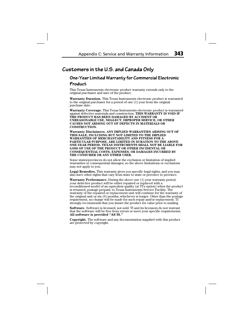 Warranty information, Customers in the u.s. and canada only, Product | Texas Instruments TI-73 EXPLORER User Manual | Page 349 / 364