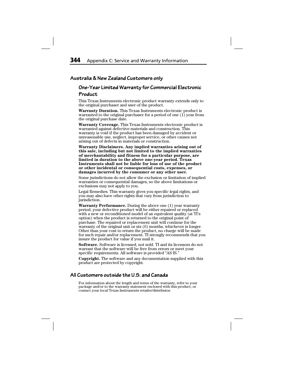 Australia & new zealand customers only, All customers outside the u.s. and canada | Texas Instruments TI-73 EXPLORER User Manual | Page 350 / 364