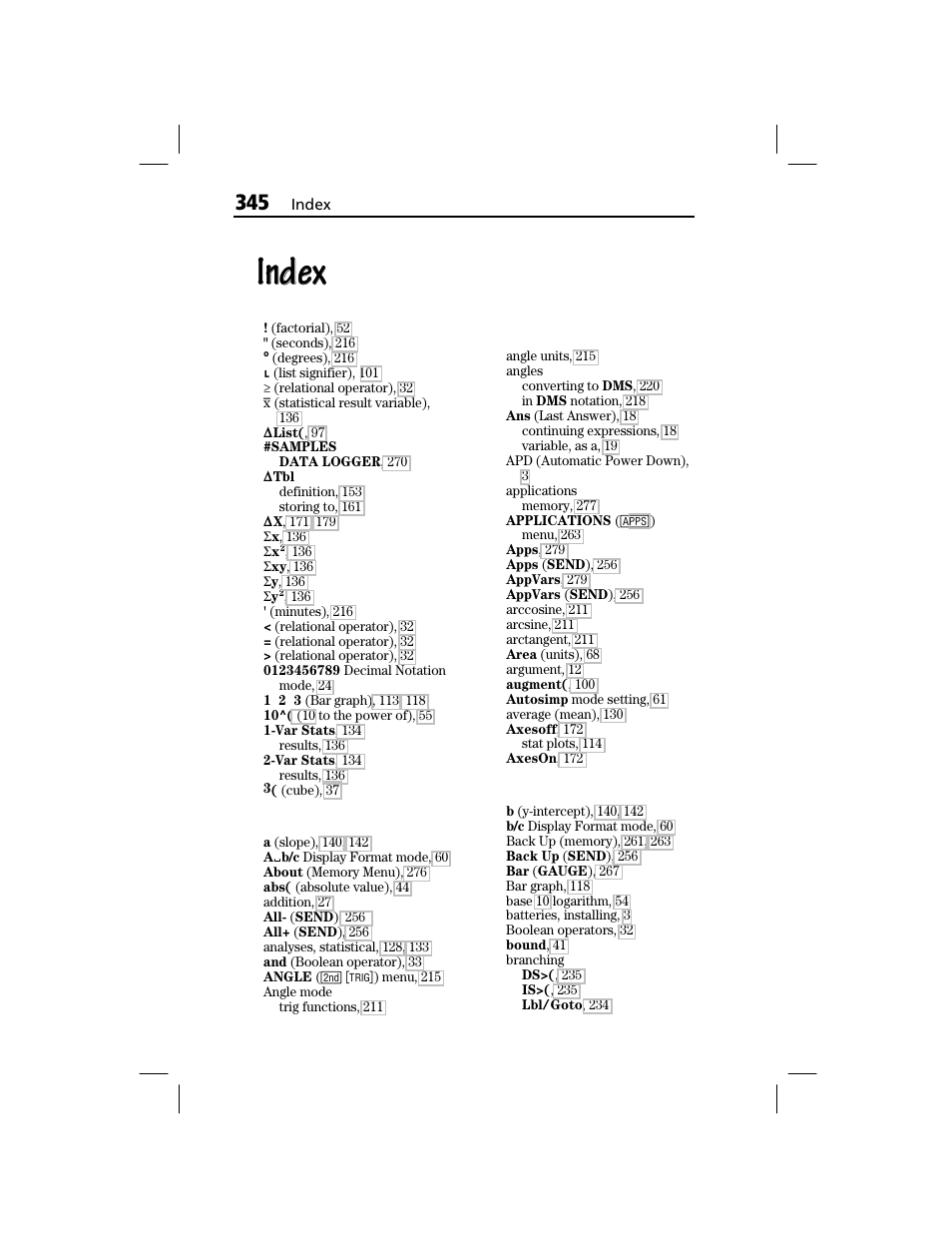 Index, A, b | Texas Instruments TI-73 EXPLORER User Manual | Page 351 / 364