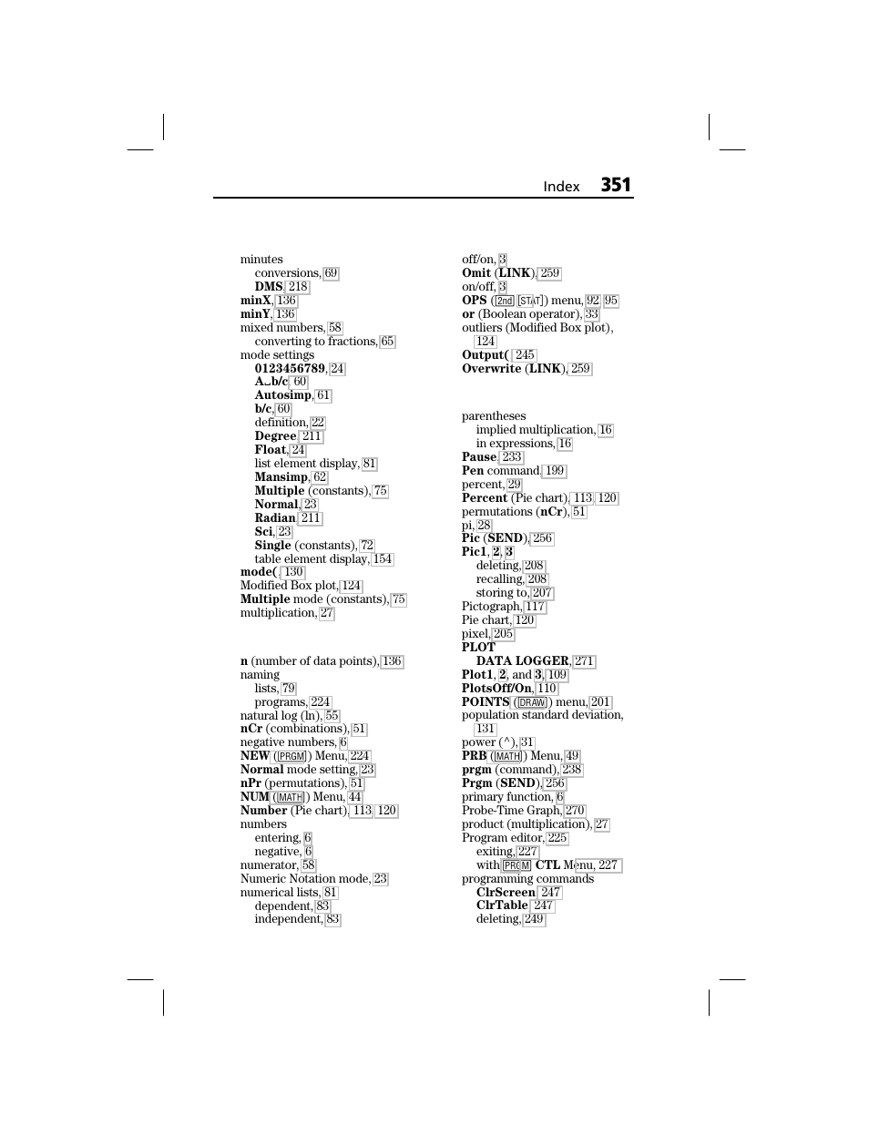 N, o, p | Texas Instruments TI-73 EXPLORER User Manual | Page 357 / 364