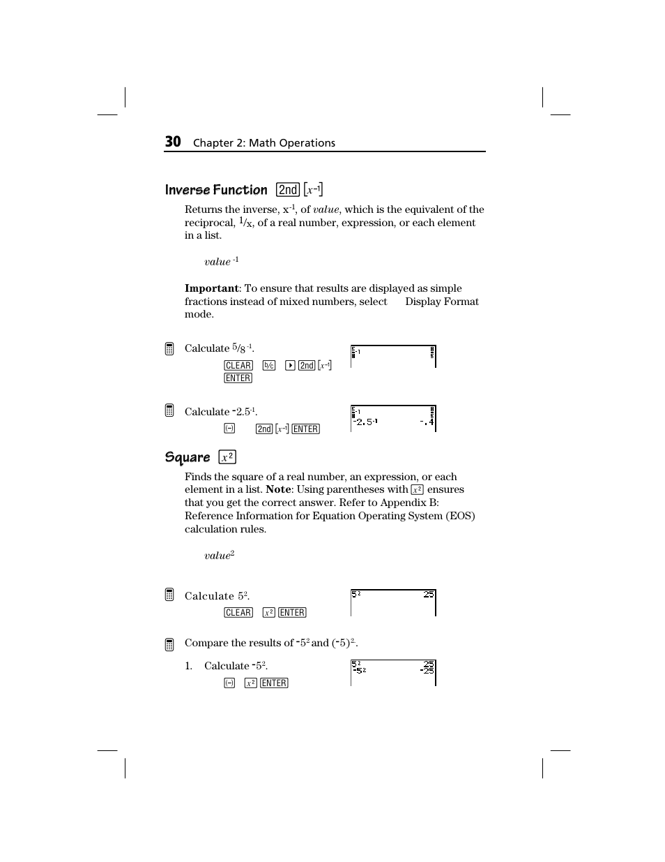 Inverse function, Square, Inverse function inverse function | Square square 6 | Texas Instruments TI-73 EXPLORER User Manual | Page 36 / 364