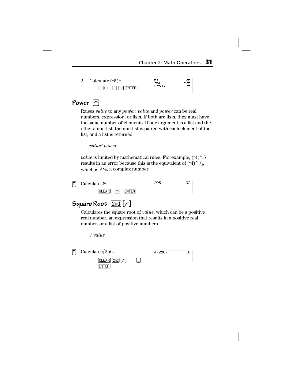 Power, Square root, Power power 7 | Square root square root | Texas Instruments TI-73 EXPLORER User Manual | Page 37 / 364