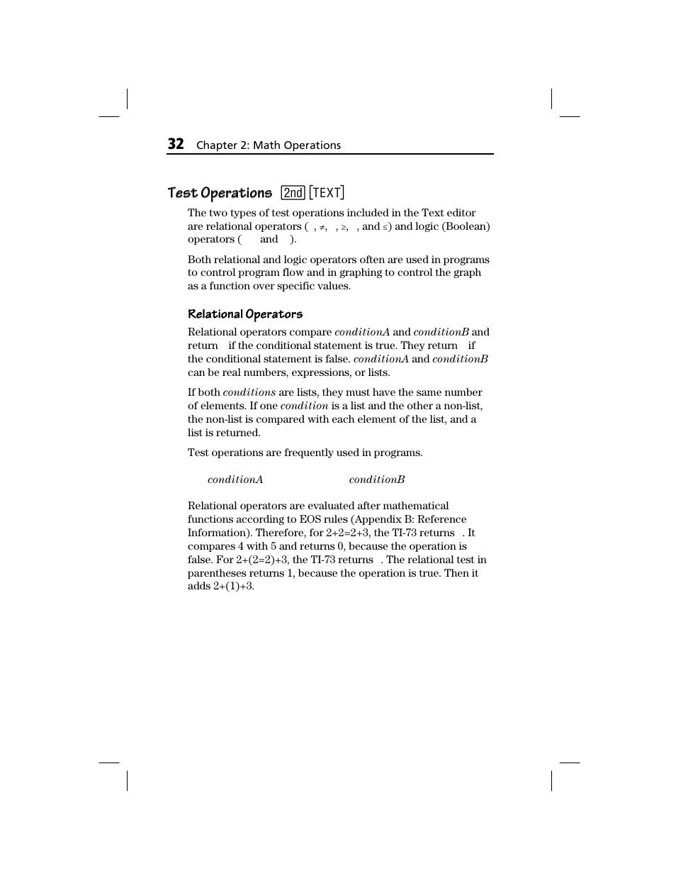 Test operations, Test operations test operations | Texas Instruments TI-73 EXPLORER User Manual | Page 38 / 364