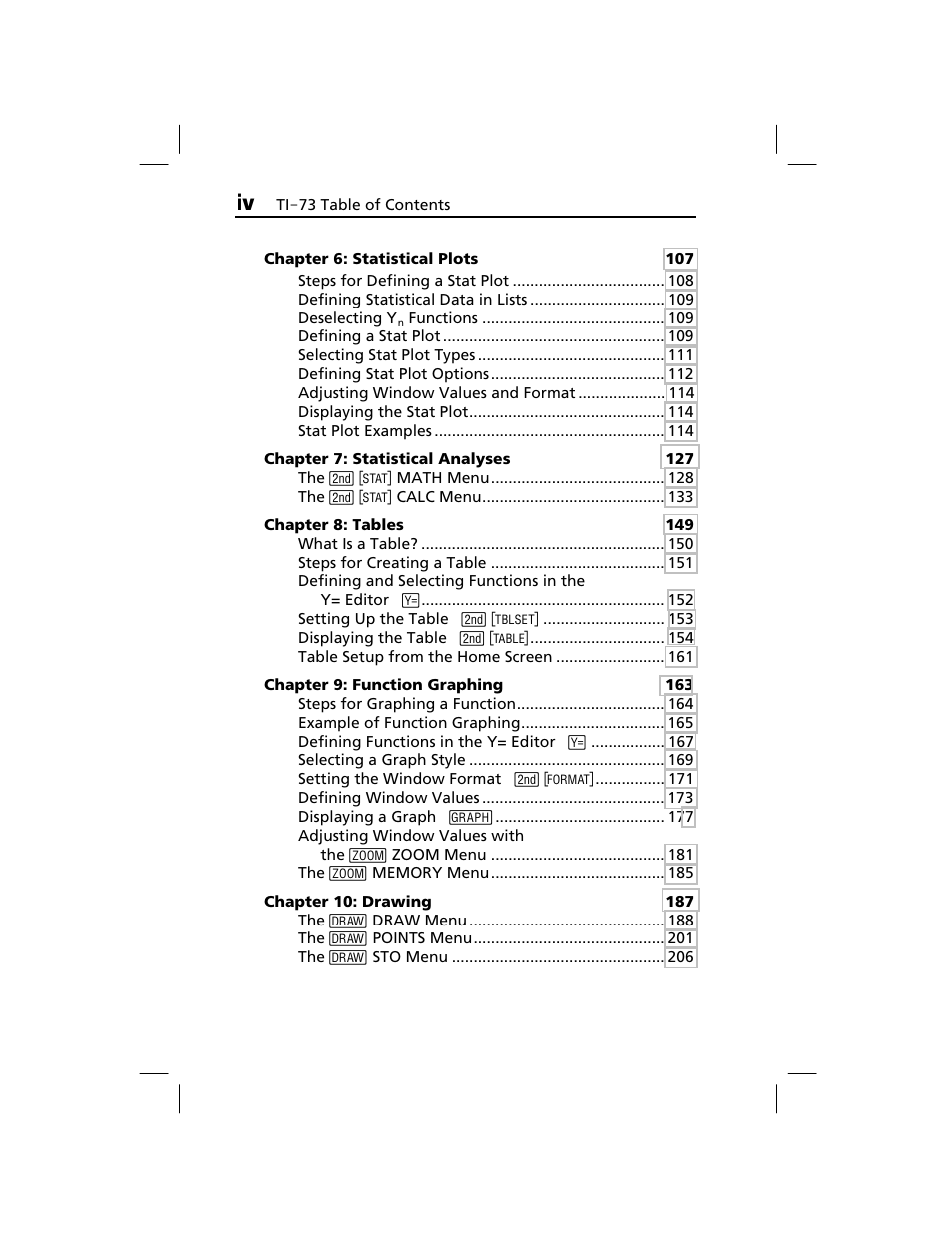 Chapter 6: statistical plots, Chapter 7: statistical analyses, Chapter 8: tables | Chapter 9: function graphing, Chapter 10: drawing | Texas Instruments TI-73 EXPLORER User Manual | Page 4 / 364