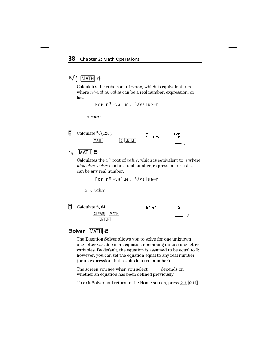 X^1/3 (cube root), Xth root, Solver | Solver solver 1 | Texas Instruments TI-73 EXPLORER User Manual | Page 44 / 364